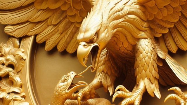 Sculpture of a golden eagle assaulting a snake